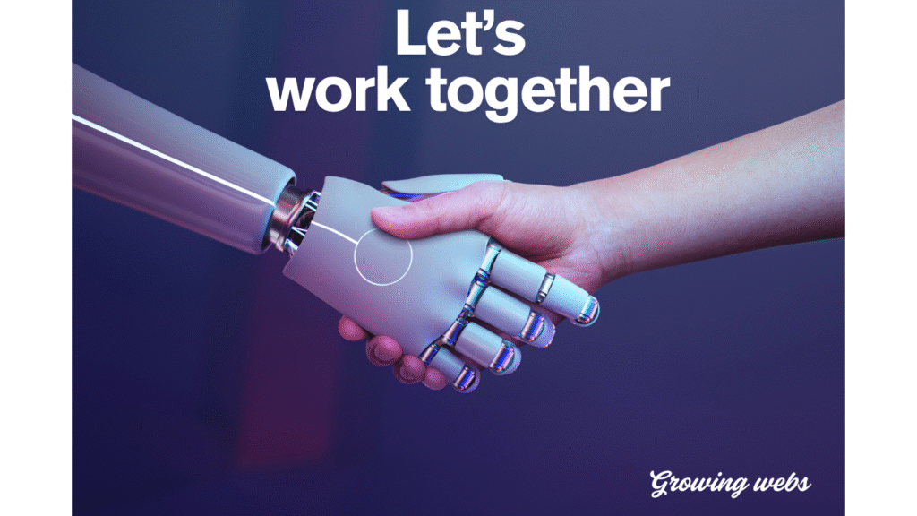 AI for business concept showing a human hand shaking a robotic hand, symbolizing human-AI collaboration with the text 'Let’s work together'